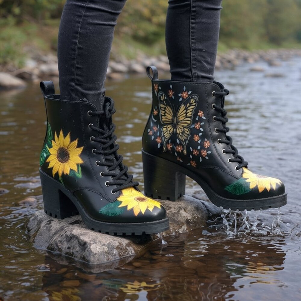 Hand Painted Black Floral Women's Boots Chunky Goth